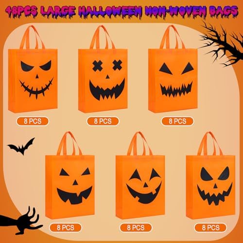 Sanwuta 48 Pcs Halloween Tote Gift Bags 14.9 x 11.8 Large Treat or Trick Pumpkin Reusable Non Woven Candy Goodies Bag for Halloween