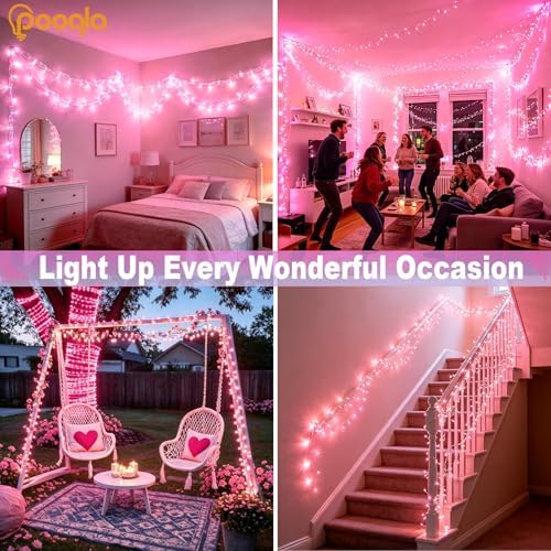 Pooqla 1000 LED Pink Christmas Lights Indoor Outdoor Decorations, 328 ft String Lights Plug in with Timer, 8 Modes Waterproof Clear Wire Twinkle Fairy Lights for Bedroom Xmas Tree Halloween Decor