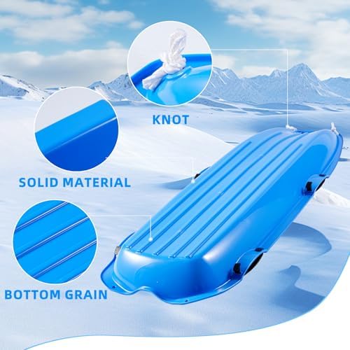Toboggan Snow Sled for Adults, 48in Plastic Sleds with Pull Rope and 4 Handles, Outdoor Plastic Snow Sled for Kids and Adults