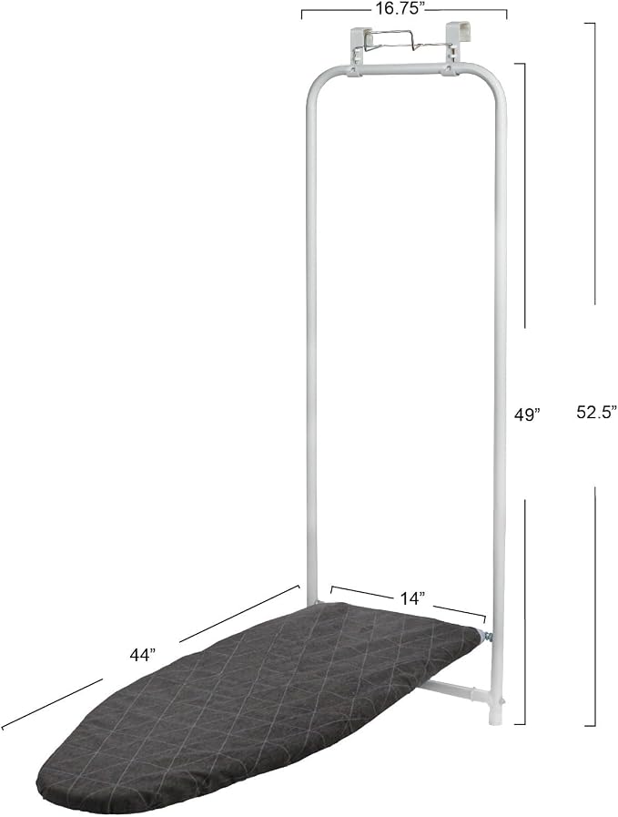 Household Essentials Over The Door Ironing Board, Space Saving Fold Down Ironing Board for Small Spaces, Apartments & Laundry Rooms – Compact Hanging with Easy Pull-Down Design, White & Black