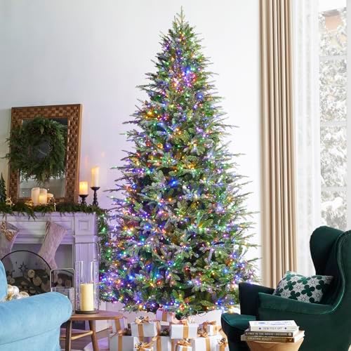 Glitzhome 9ft Prelit Artificial Christmas Tree, Green Full Christmas Tree Majestic Evergreen Fir with 2450 Warm White/Multi-Color Chasing and Twinkling Lights, 9 Function w/Foot Pedal&Remote Control