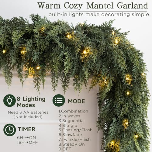 15FT Christmas Cedar Garland with Lights Prelit Pine Garland Decoration