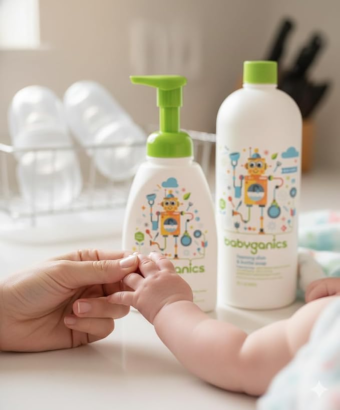 Baby ganics 16 Ounce Dish Dazzler Foaming Dish and Bottle Soap with Refill Kit BUNDLED with Two (2) Bottle Brushes BONUS