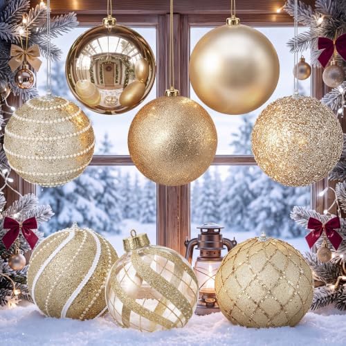 Lyrow 8 Pcs Champagne Large Christmas Ball Ornament 6 Inch Hanging Ornament