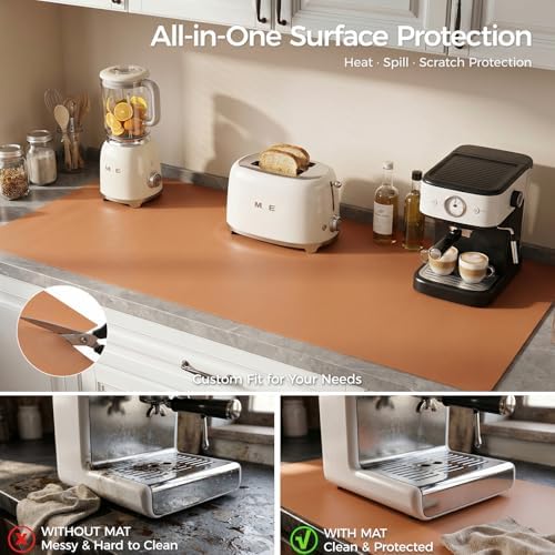1.6mm Thick Leather 16x36 Inch Non-Slip Mat, Waterproof Countertop Protector, Wide Coffee Station/Large Office Desk Pad, Caramel Brown