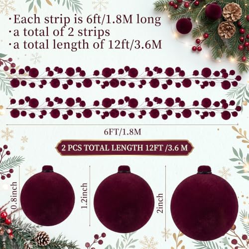 2 Pcs 6 ft Burgundy Velvet Christmas Ball Ornament Garland