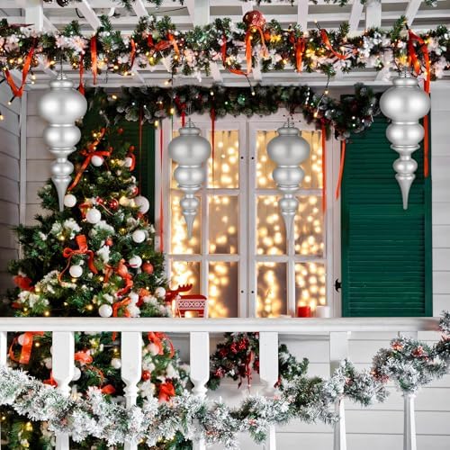 Soulchen 2 Pcs 12" Large Christmas Finial Drop Ornaments, Silver, Matte
