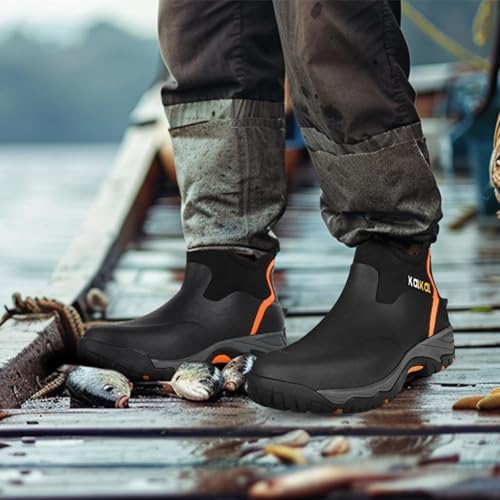 Kalkal Men's Rubber Boots, Waterproof Ankle Rain Boots, Insulated Working Booties with Comfortable Sports Sole, Outdoor Mud Boots for Yard Chore