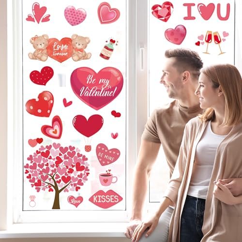 Valentines Day Decorations - Heart Window Clings for Glass | Valentines Decor Indoor Outdoor - Valentine's Day Accessories Party Favors Supplies for Home School Class Office