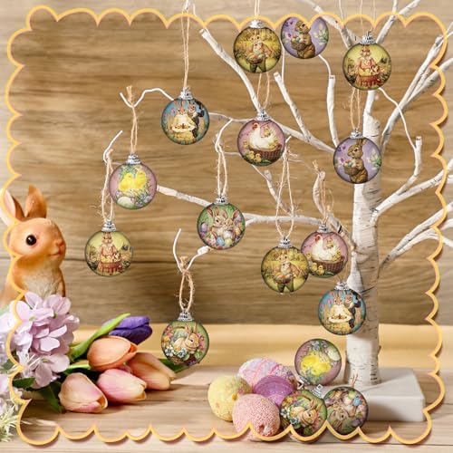 Outus 16 Pcs Easter Tree Ornaments Ball Easter Egg Hanging Ornaments Vintage Floral Egg Bunny Decorations Rustic Mini Retro Speckled Eggs Rabbit Hanging Ornament Spring Decor(1.6 Inch, Vintage)