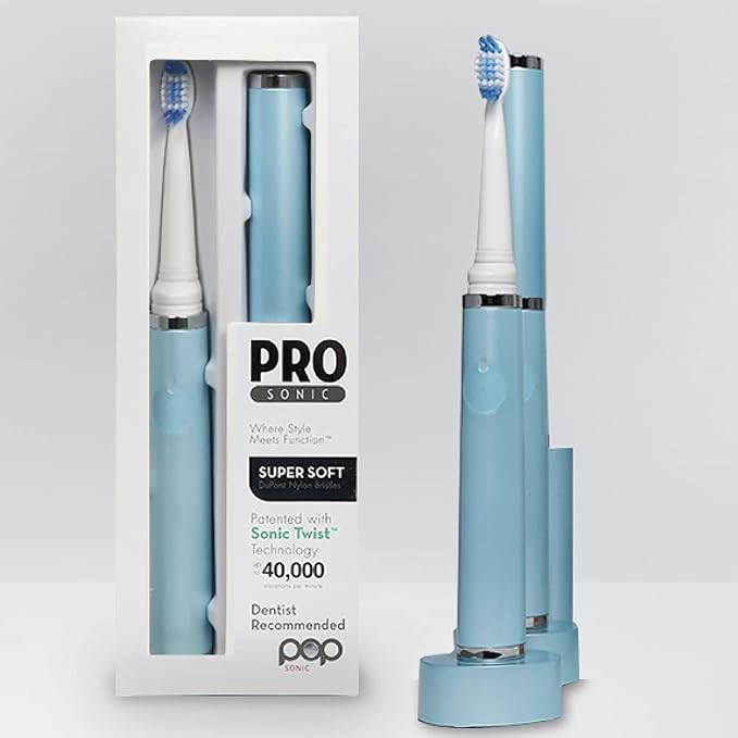 Pop Sonic Ultimate Pro Rechargeable Toothbrush (Hawaiian Blue) - 40,000 Strokes/Min - Long-Lasting Nylon Bristles - Teens & Adults with Quadrant Pacer & Timer