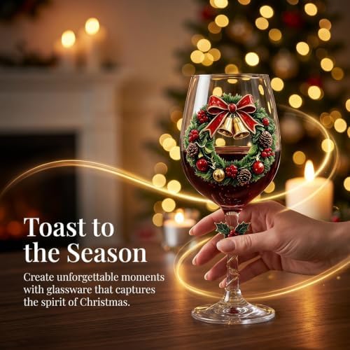Christmas Wine Glass Collection Gift Box Set, Christmas Wine Glasses, Raised Holiday Goblet with Snowflake Decor, Festive Glassware, Wines & Cocktails, Holiday Party & Table Decor (E)