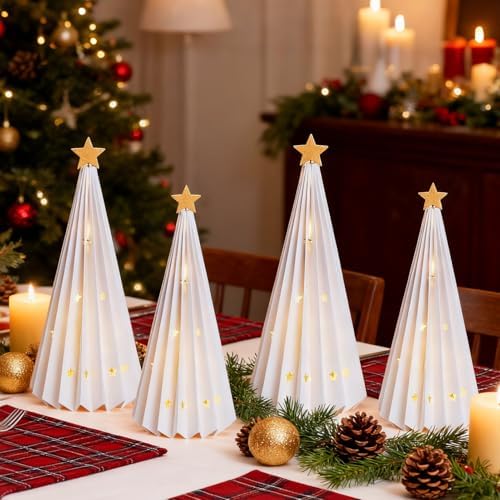 4PCS White Paper Christmas Trees 3D Christmas Tree Tabletop Centerpiece Decorations with Gold Star Tree Topper Light Up Vintage Table Centerpieces for Xmas Winter Wonderland Holiday Home Party
