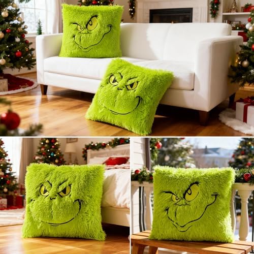 eowvsio 2PCS Chrismas Pillow Covers 18x18 inch,Green Xmas Throw Pillow Cases,Chrismas Decor Soft Plush Faux Fur Wool Couch Cushion Case for Chair Sofa Bedroom Living Room