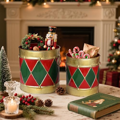 2-Piece Christmas Metal Drum Buckets Set - Festive Ice Bucket & Storage for Small Plants/Ornaments/Candies, Round Decorative Pails for Party Table Centerpieces & Home Mantel Display