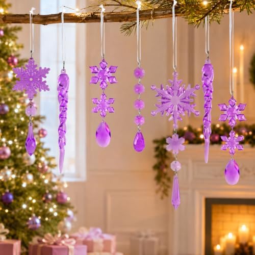 18pcs Crystal Christmas Ornaments for Christmas Tree Decorations-Purple Hanging Acrylic Snowflake and Icicle Ornaments with Drop Pendants for New Year Party Decorations Supplies