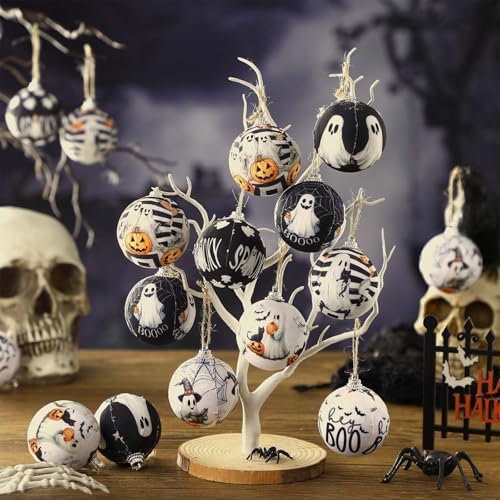 Outus 16 Pcs Halloween Ornaments for Tree Boo Ghost Halloween Ball Hanging Decorations Ghost Vintage Decorative Mini Ball Ornaments Set for Farmhouse Home Indoor Fireplace Holiday Party Favors