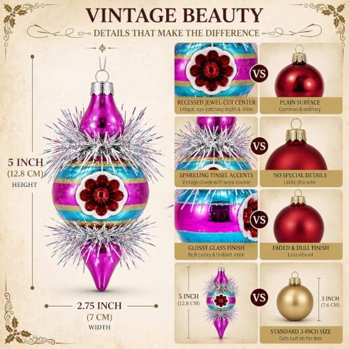 Soulchen 8 Pcs Vintage Glass Christmas Finial Ornaments Reflector for Tree