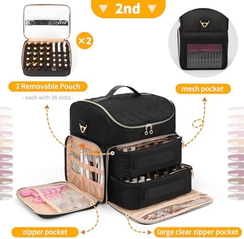 Extra Large Nail Polish Organizer Case Holds 86 to 100+ Bottles Organizer & Nail Lamp, Supply Storage Carrying Bag with 2 Removeable Pouches, Portable Nail Tech Travel Box (Black, 86 Slots)