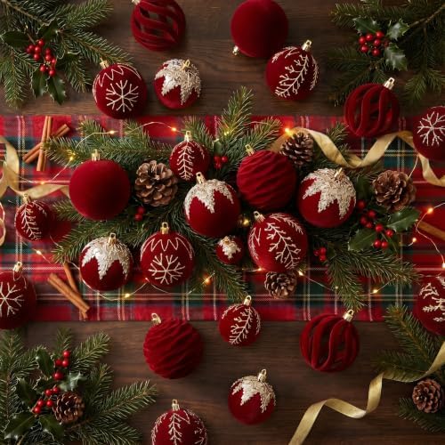 Duraaamo 30 Pcs Burgundy Red Velvet Christmas Ball Ornaments Set