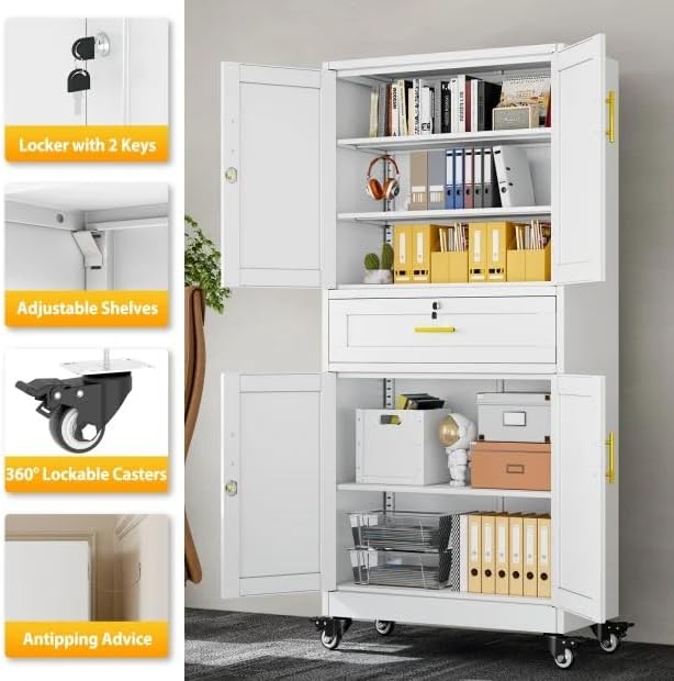 PAOFIN 74" H Metal Tall Storage Cabinet with Drawer | Garage Cabinet with Locking Doors and 3 Adjustable Shelves, Steel Cabinets for Garage, Home Office, White, Assembly Required