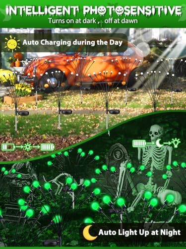 Halloween Decorations Outdoor Solar Firefly Lights 6 Pack 48 LED Green