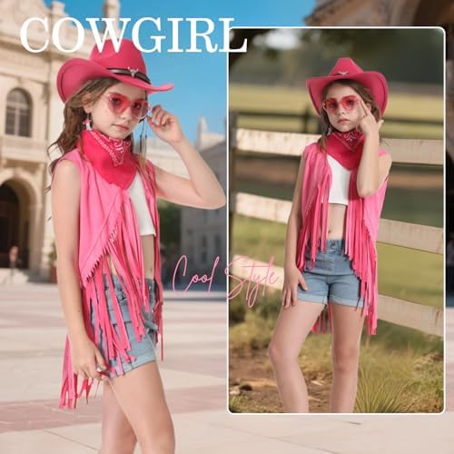 Cowgirl Outfits for Girls Kids 6 Pcs Western Costume Accessories Cowboy Hat Fringe Vest Earring for Halloween Party
