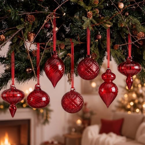 Hungdao 14pcs Vintage Christmas Ornaments Retro Glass Balls, Red
