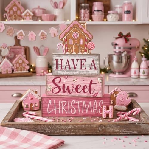 Lineshading 4 Pcs Pink Christmas Table Decor, Sweet Gingerbread Block Sign