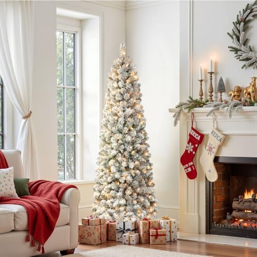 SHareconn 5ft Prelit Snow Flocked Artificial Slim Pencil Christmas Tree
