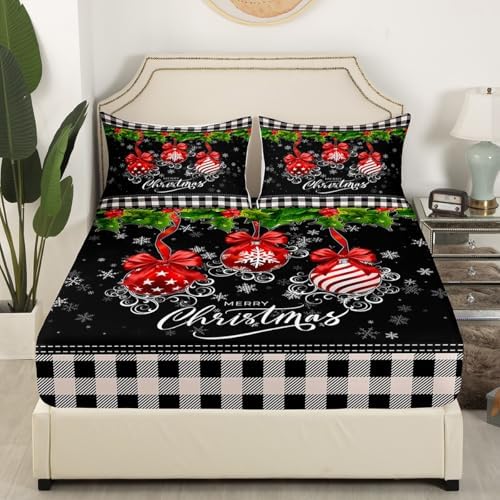 Black and White Grid Bed Sheet Queen Set Merry Christmas Sheets Sets Adults Bedroom Decor Red and Green Microfiber Bedding Set with Flat,Fitted Sheet,2 Pillow Cases