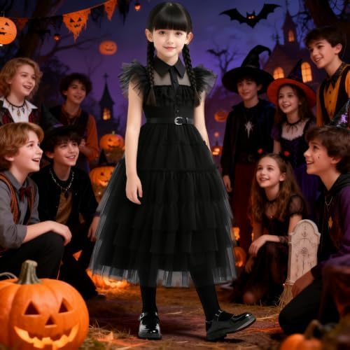 Long Black Gothic Dress Kids Girls Halloween Family Costume with Accessory