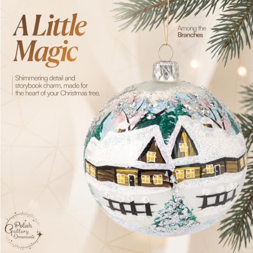 Hand Blown Glass Ball Christmas Ornament, 5 in, Cottage Houses White