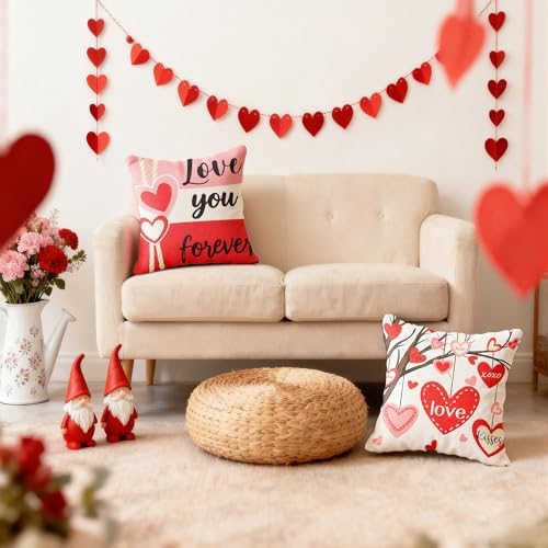 OHOME Valentines Day Decorations -Valentine's Pillows Covers 18x18 Inch Heart Throw Pillows - Valentines Decor Party Favors Supplies Accessories Indoor Outdoor for Galentines Day Home Couch Office