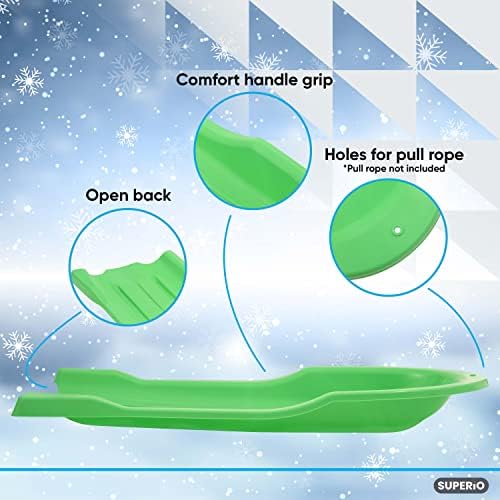 Superio Toboggan Snow Sled for Kids and Adults, 46" Heavy Duty Plastic Open Back Slider with Handles and Hole for Pull Ropes- (Ropes Excluded) Kid and Adult Winter Fun
