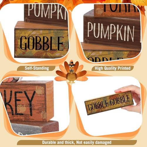 Lineshading 4 Pcs Thanksgiving Table Decoration, Turkey Wooden Block Signs