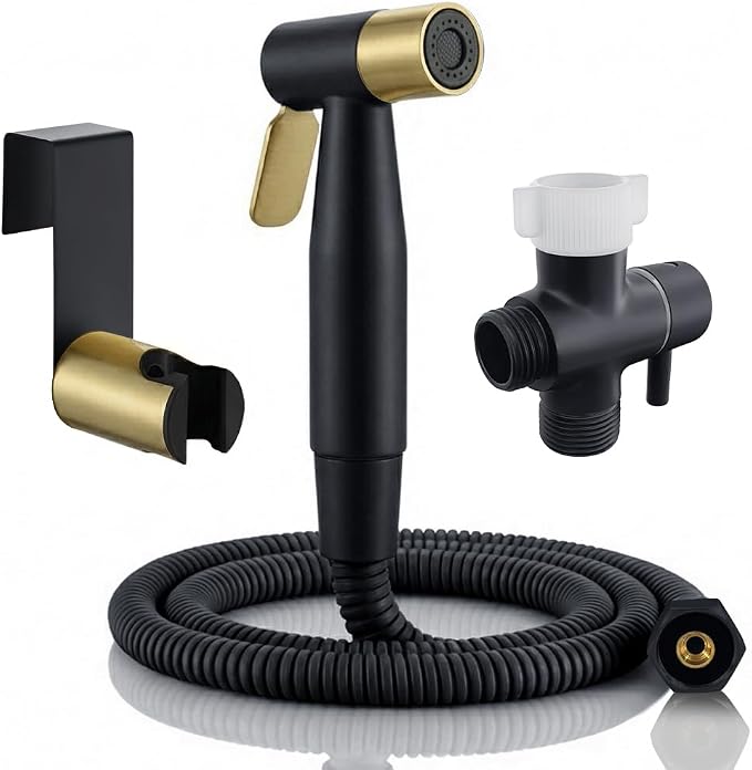 BARROCK Handheld Bidet Sprayer for Toilet, Stainless Steel Metal Made Baby Cloth Diaper Spraying Kit, Bathroom Toilet Bidet Attachment Set for Bathing Pets and Feminine Washing,Matte Black and Gold