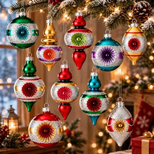 Soulchen 10 Pcs Vintage Glass Christmas Ornaments, Assorted, Retro