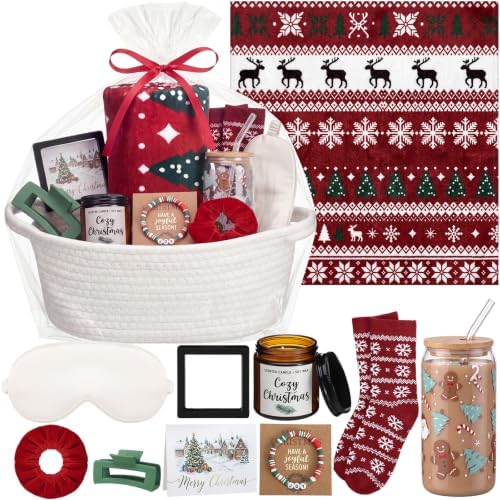 Reallnaive 11 Pcs Red Christmas Basket Gift for Women Secret Santa Box
