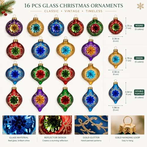 16 Pcs Vintage Glass Christmas Ornament Reflector Decor, Retro