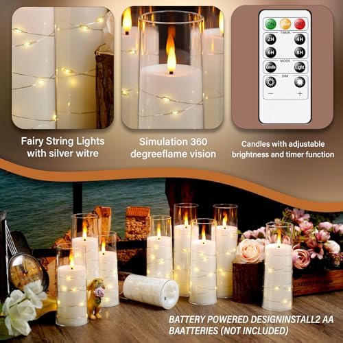 kakoya Flameless LED Candles with Timer 9 Pc Flickering Flameless Candles for Romantic Ambiance and Home Decoration Stable Acrylic Shell,with Embedded Star String，Battery Operated Candles（White）