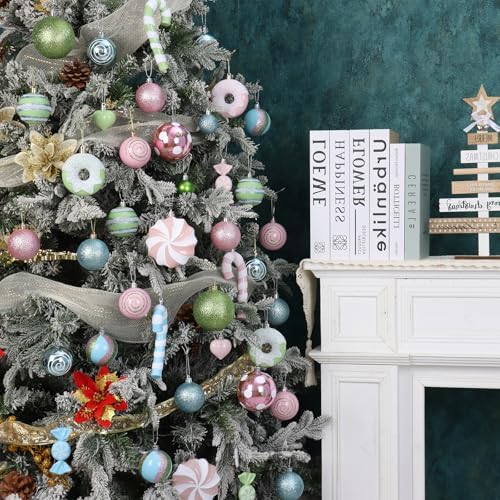 105Ct Pastel Christmas Ornaments Set Shatterproof Candy Theme Hanging Decorations for Xmas Tree, Donut Cane Assorted Ornaments for Holiday Festival Family Decor (Pastel)