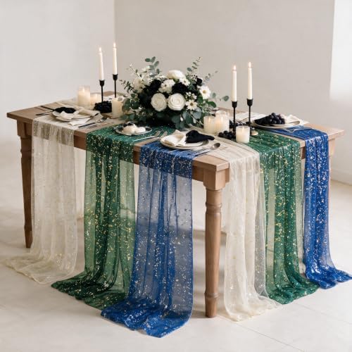 Artoid Mode 6PC Beige Green Blue Gauze Table Runner 120 Inch 10FT, Glitter Metallic Foil Sheer for Wedding Anniversary Holiday Birthday Home Party Decor