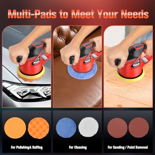 Cordless Car Buffer Polisher Kit（2X 2000mAh 12V Batteries&34 PCS Attachments）- Brushless Dual Action Random Orbital Polishing with 6-Speed 6000RPM for Auto Detailing, Waxing & Paint Correction