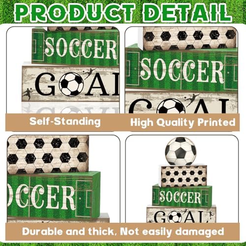 Moucuny 4 Pcs Soccer Table Decorations Farmhouse Soccer Wooden Block Signs