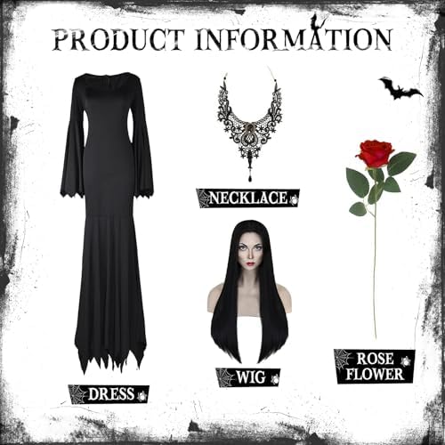 Aileam Halloween Morticia Addams Costumes Vintage Gothic Black Long Dress Outfit Women Wig Red Roses Flowers Necklace