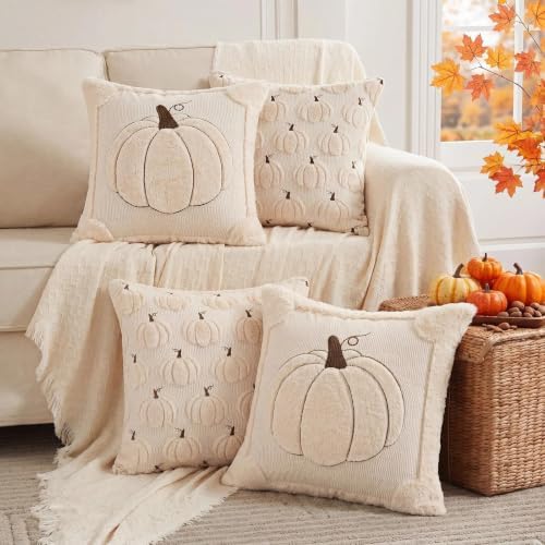 Fall Beige Pillow Covers 18x18 Set of 2 Double-Sided Pumpkin Plush
