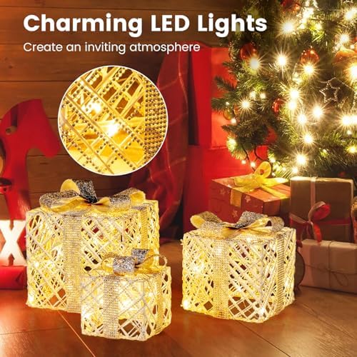 Tangkula Set of 3 Lighted Box, Pre-Lit Festive Boxes w/ 50 LED Lights