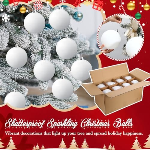 Poen 16 Pcs 6 Inch Large Glitter Christmas Ball Ornament, White