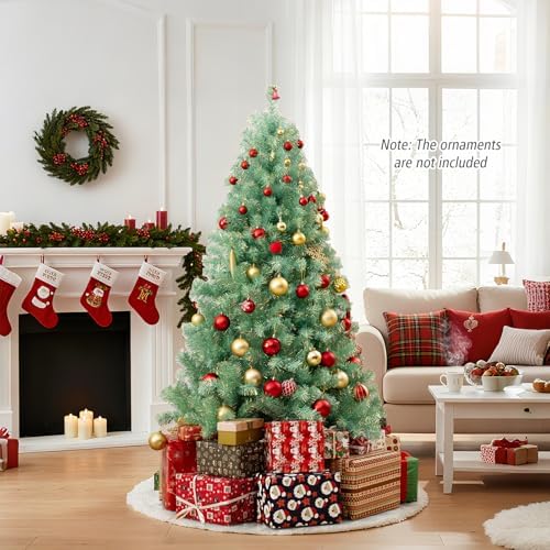 HAPPYGRILL 6 FT Pre-lit Tinsel Christmas Tree Artificial Xmas Tree with 250 LED Lights, 8 Modes, 688 Fruit Green Branch Tips, Folding Metal Stand, Seasonal Holiday Tree for Home Office Party
